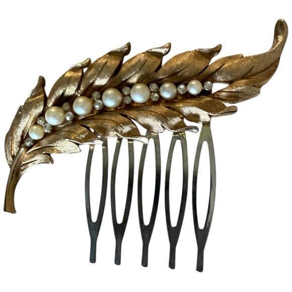 Bridal Vintage Pearl Gold Feather Bridal Comb Rhinestone Wedding Hair Accessory - Picture 2 of 4
